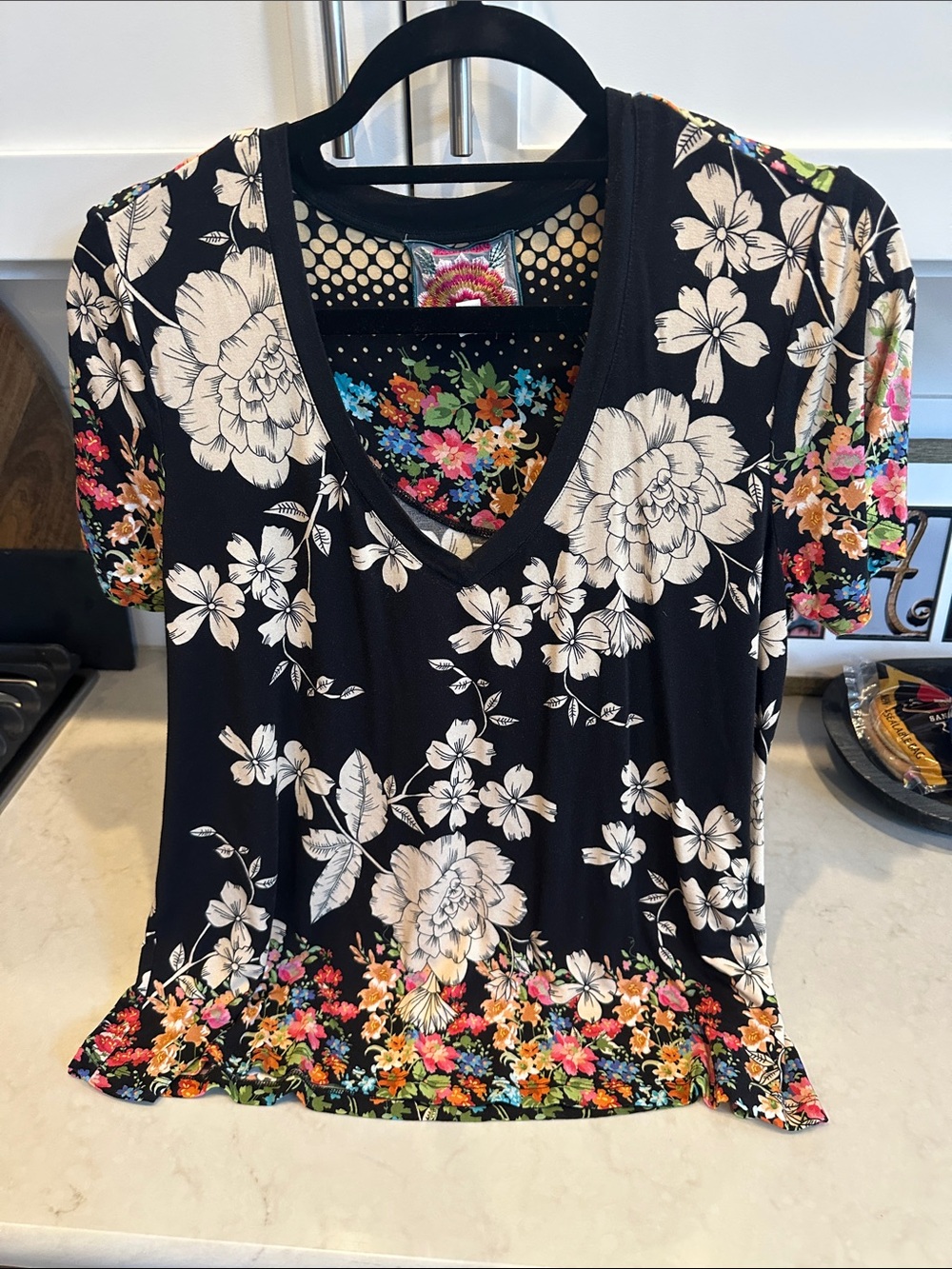 Johnny Was Black V-Neck Tee with White and Multicolor Floral Print